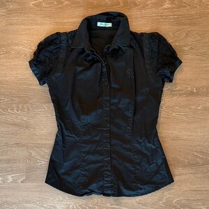 Guess by Marciano Black Lace-Sleeve Button-Up Women's Short Sleeve Top